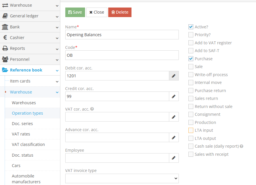 Creating product balance entry operation in accounting system